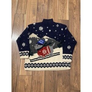 VTG Lauren Ralph Lauren Wool Swiss Dog Skiing Festive Mock Neck Knit Sweater M